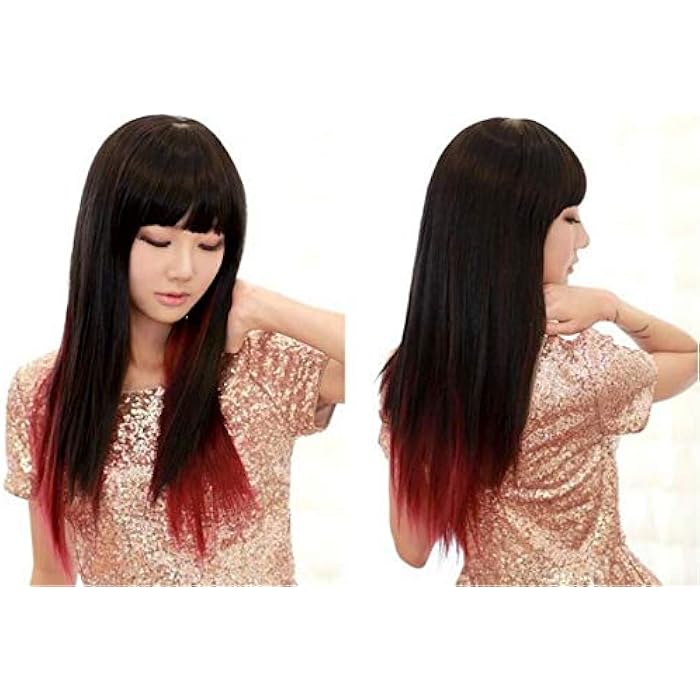 DILLARDS Gradient Wine Red Wig Long Hair Straight With Flat Bangs For Women And Girls-H030 - Image 2